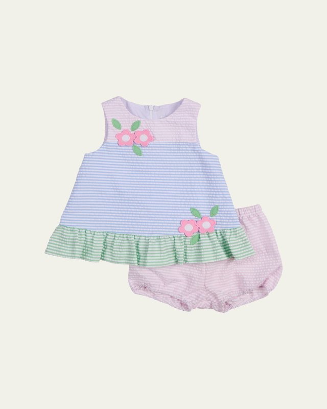 Girl's Flowers Stripe Seersucker Dress and Bloomers Set, Size 3M-24